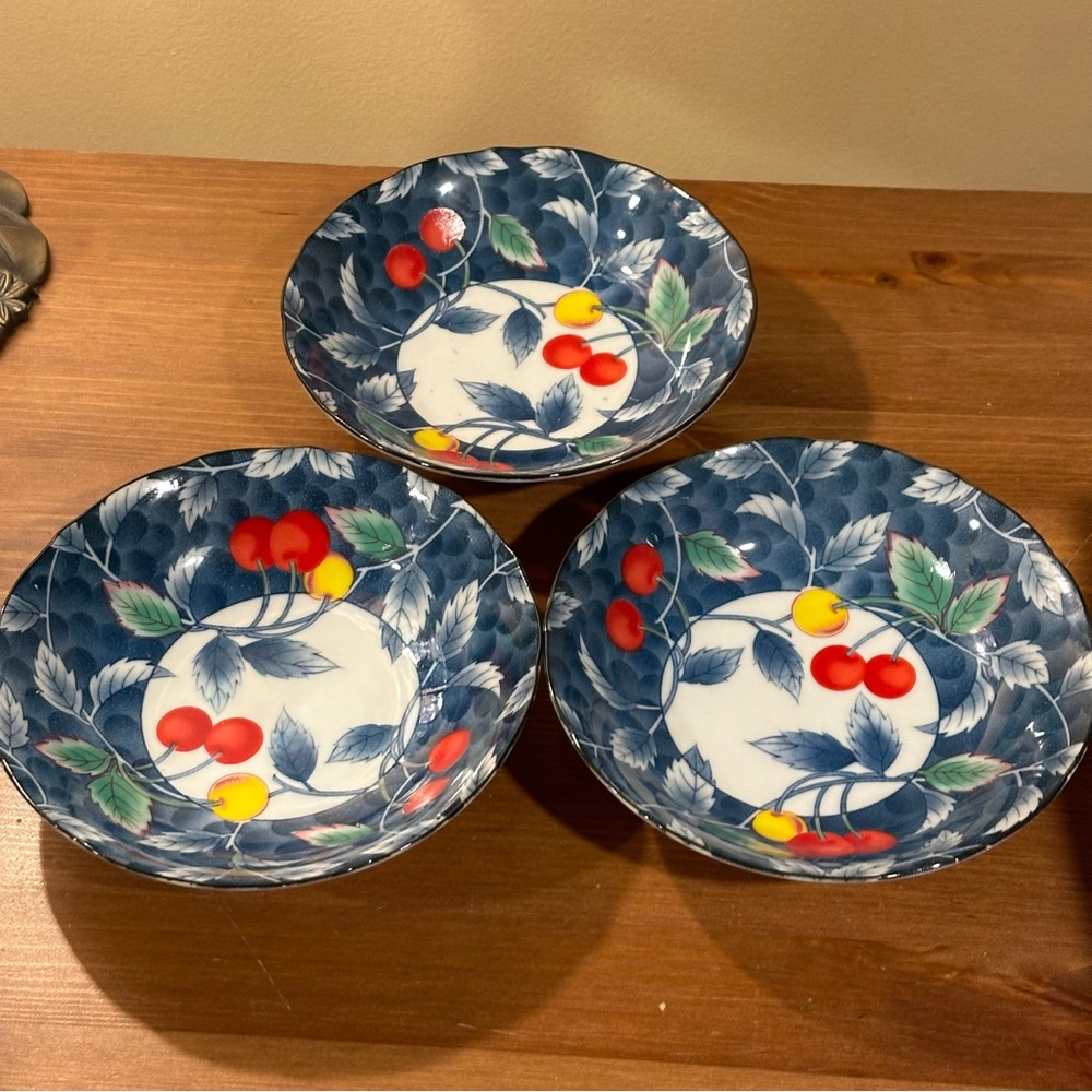 Set Of 3 Vintage Bowls Blue/White With Red And Yellow Cherries 6.5 Inches